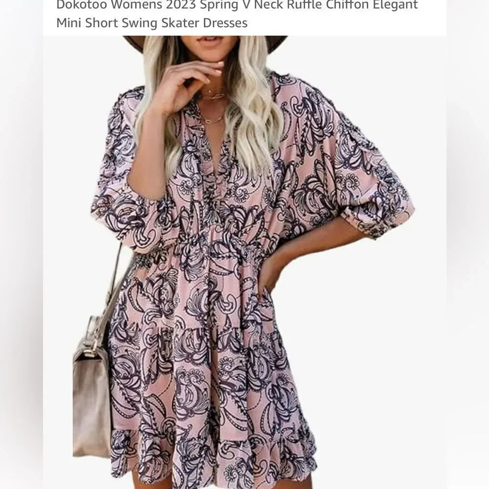 Dokotoo‎ 2023 Spring Neck Mini Pink and BW floral Swing Dress